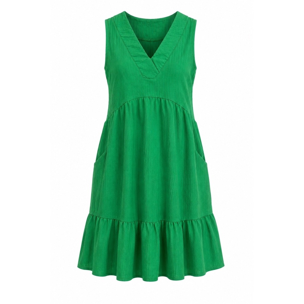 Women's Green Satin Gauze Tiered Sleeveless Dress Size Large Boho V-Neck